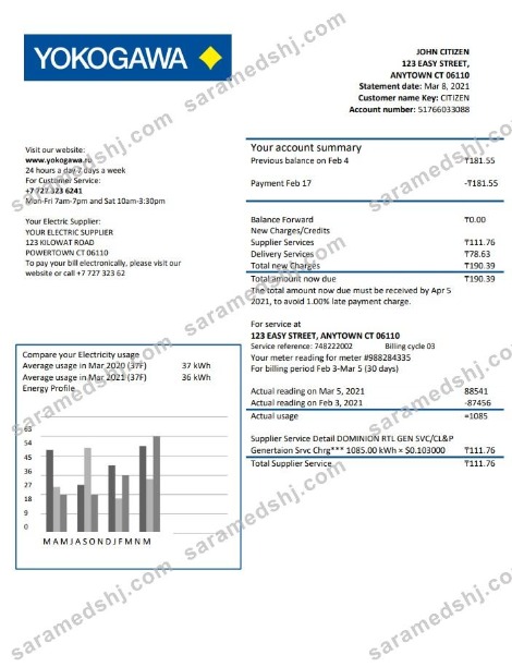 Kazakhstan Yokogawa Electric Kazakhstan utility bill template in Word and PDF format (.doc and .pdf)